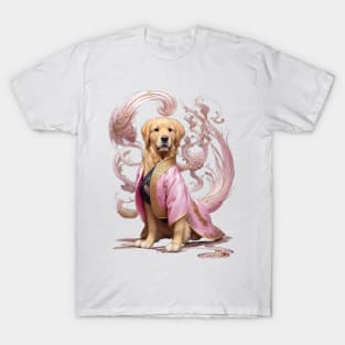 Majestic Imperial: Golden Retriever in Royal Pink Hanbok T-Shirt